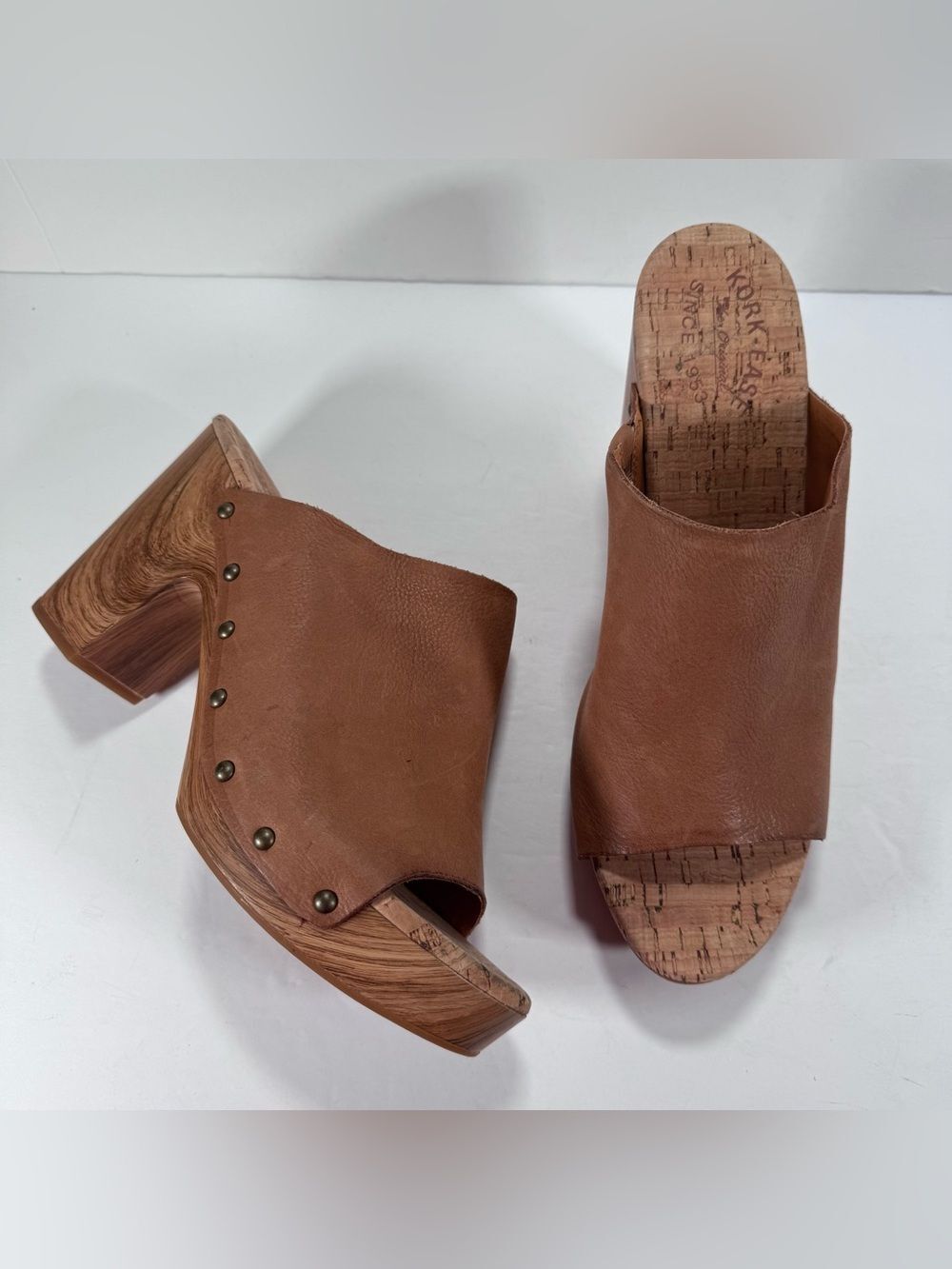 Kork-Ease Danika Brown Leather Studded Slip On Wooden Heel Platform Clog Size 11